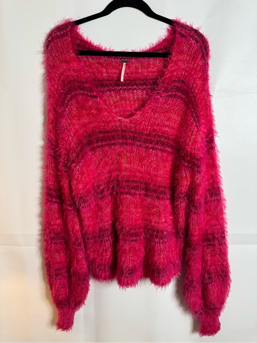 Free People Fuzzy Off-Shoulder Magenta Striped Sweater